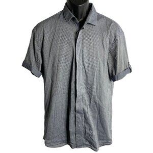 Louis Fabel Slim Fit Button Up Shirt XL Grey Blue Checkered Roll Tab Sleeves